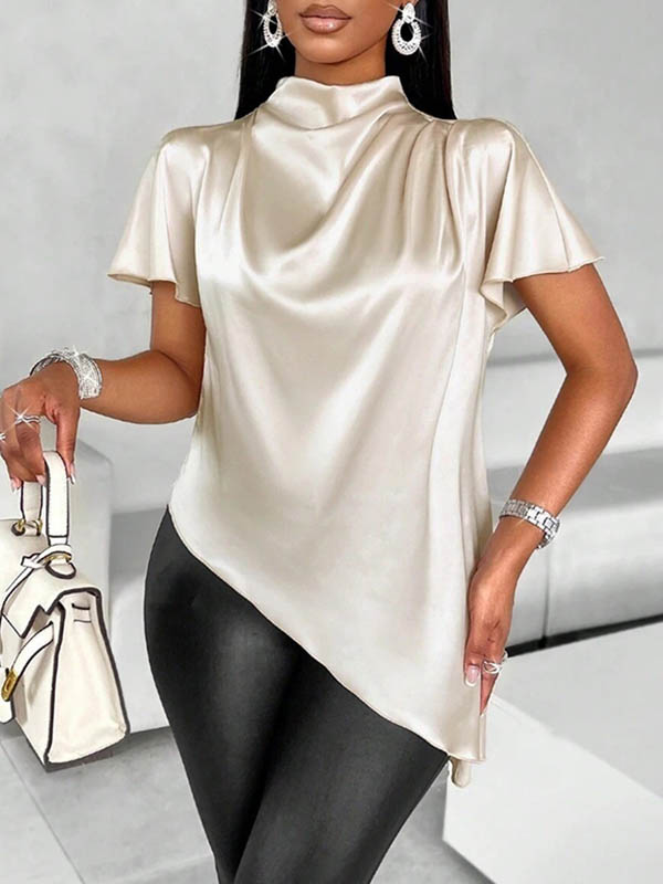 Loose Short Sleeves Asymmetric Solid Color Mock Neck Blouses&Shirts Tops