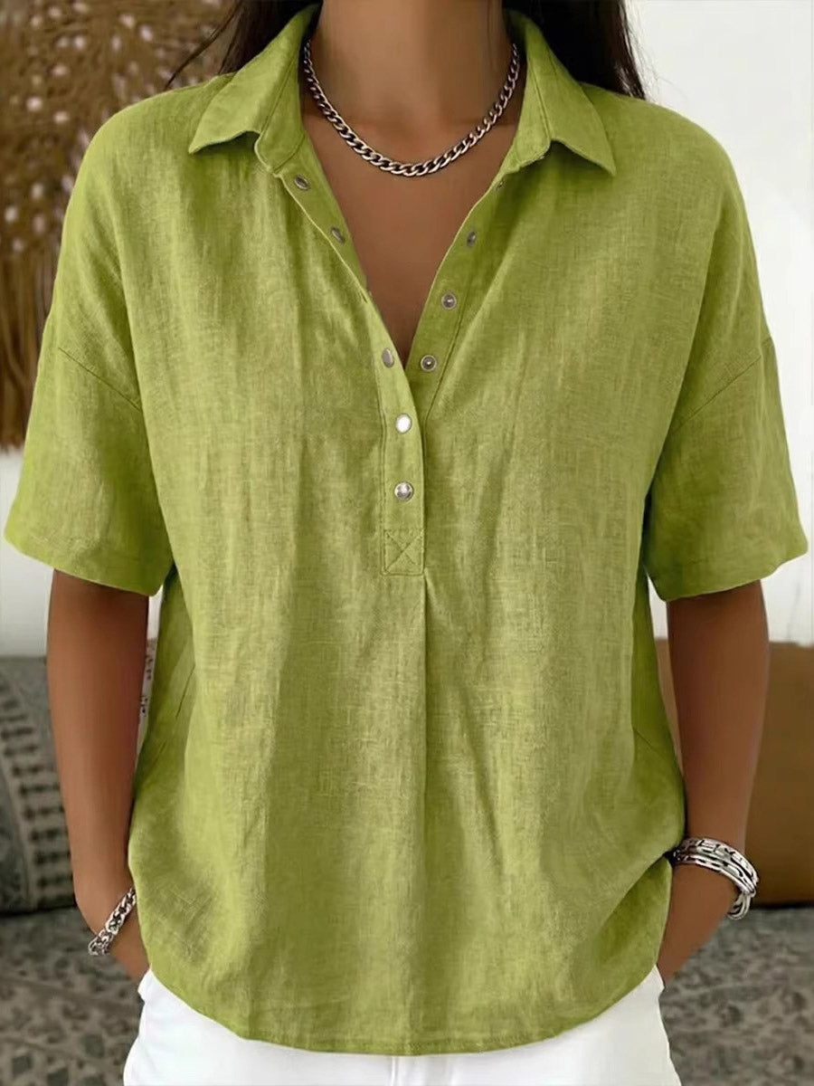 Half Sleeves Loose Buttoned Solid Color Lapel Blouses&Shirts Tops