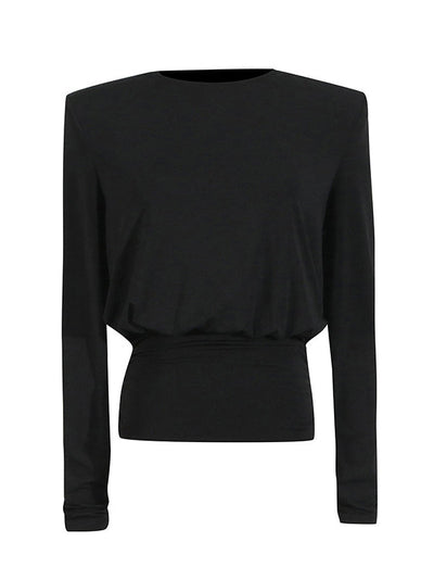 Long Sleeves Backless Shoulder Pad Solid Color Round-Neck Blouses&Shirts Tops