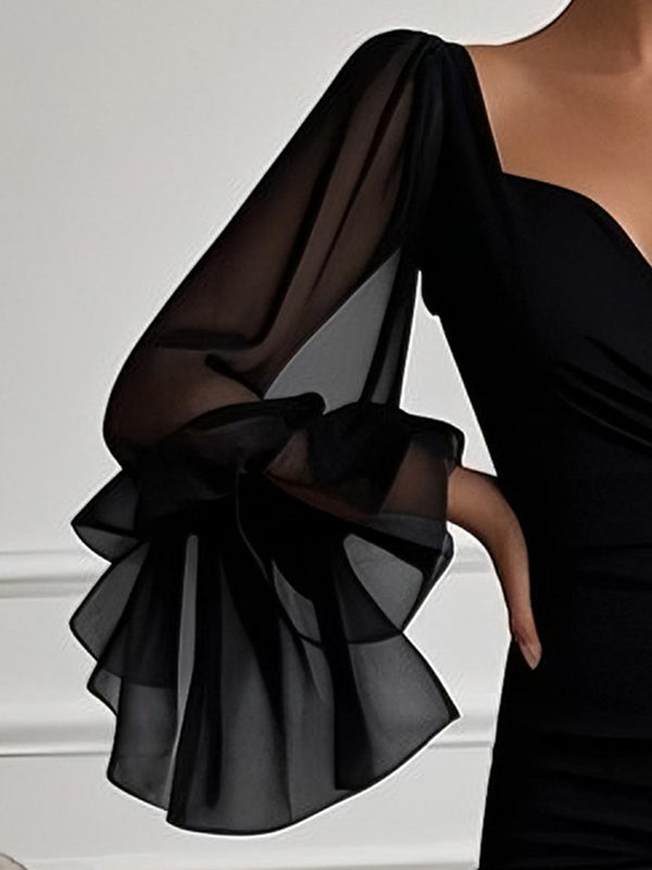 Flared Sleeves Long Sleeves Solid Color Split-side Zipper V-neck Maxi Dresses