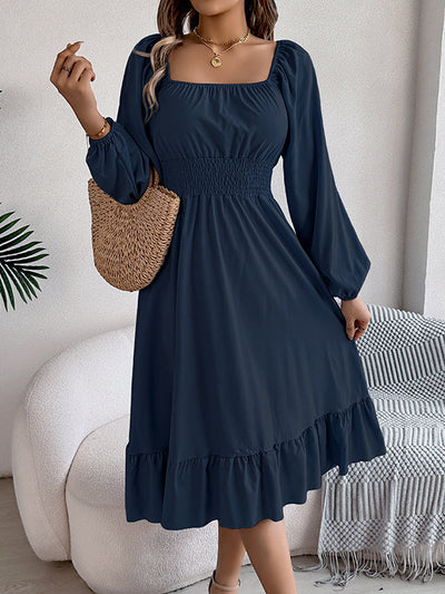 A-Line Elasticated Waist Pleated Ruffled Solid Color Square-Neck Midi Dresses