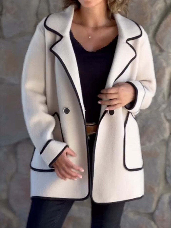 Long Sleeves Loose Buttoned Pockets Split-Joint Notched Collar Woolen Coat