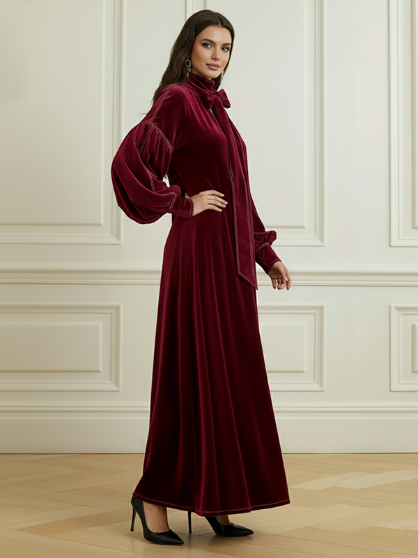A-Line Long Sleeves Bow-Embellished Pleated Solid Color Split-Joint High Neck Maxi Dresses