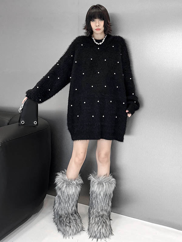 Long Sleeves Loose Beads Contrast Color Shiny Split-Joint Round-Neck Mini Dresses Sweater Dresses