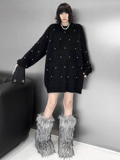 Long Sleeves Loose Beads Contrast Color Shiny Split-Joint Round-Neck Mini Dresses Sweater Dresses