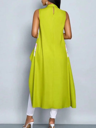 High-Low Loose Contrast Color Pleated Mock Neck Blouses&Shirts Tops