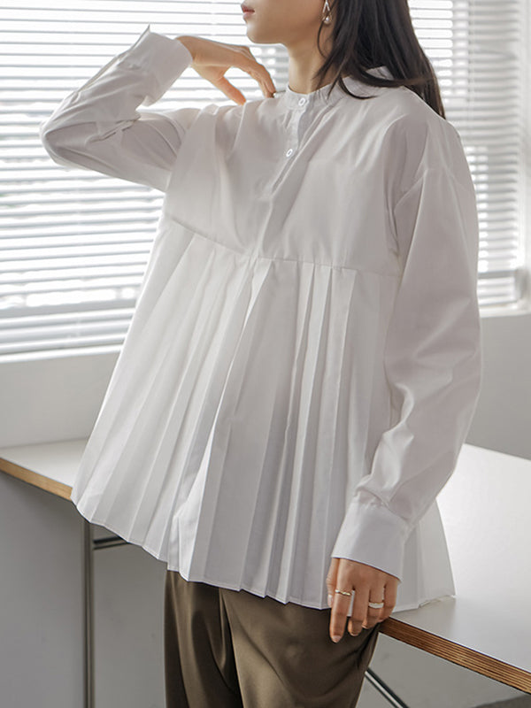 Long Sleeves Loose Buttoned Pleated Solid Color Round-Neck Blouses&Shirts Tops