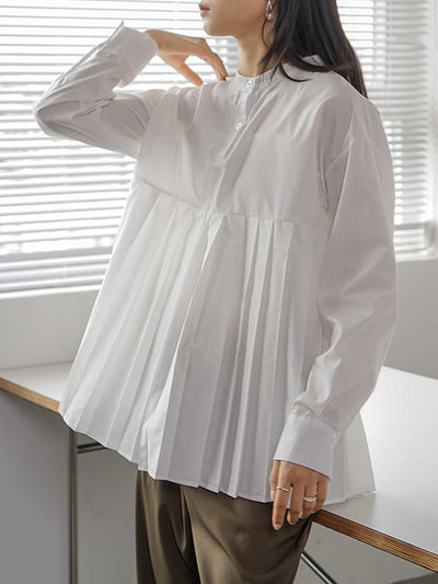 Long Sleeves Loose Buttoned Pleated Solid Color Round-Neck Blouses&Shirts Tops