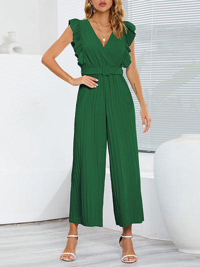 High Waisted Loose Belted Pleated Ruffled Solid Color V-Neck Jumpsuits