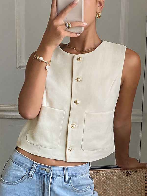 Loose Sleeveless Buttoned Pockets Split-Joint Round-Neck Vest Top