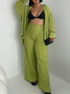 Flared Sleeves Long Sleeves Buttoned Drawstring Pleated Solid Color Split-Side Lapel Shirts Top + Pants Bottom Pajama Sets