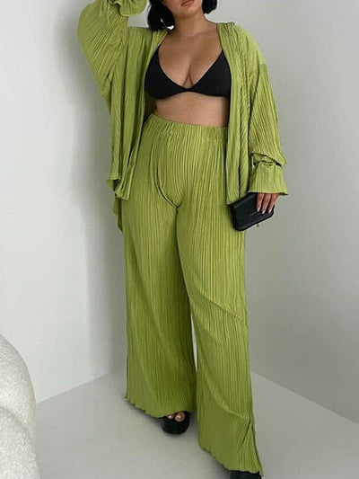Flared Sleeves Long Sleeves Buttoned Drawstring Pleated Solid Color Split-Side Lapel Shirts Top + Pants Bottom Pajama Sets