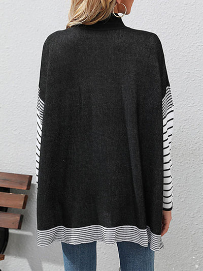 Long Sleeves Loose Contrast Color Striped Mock Neck Pullovers Sweater Tops