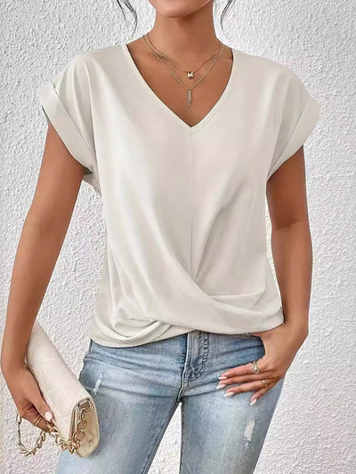 Loose Plus Size Pleated Solid Color V-Neck T-Shirts Tops