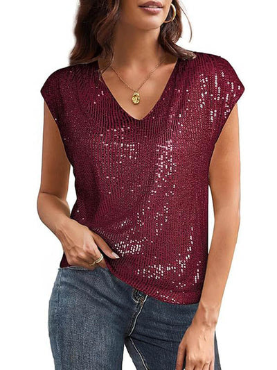 Loose Raglan Sleeve Sequined Solid Color V-Neck T-Shirts Tops
