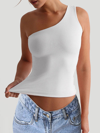 Skinny Sleeveless Solid Color One-Shoulder Vest Top
