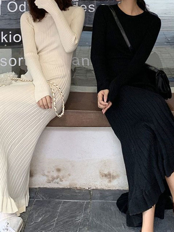 Long Sleeves Loose Ruffled Solid Color Round-Neck Midi Dresses Sweater Dresses