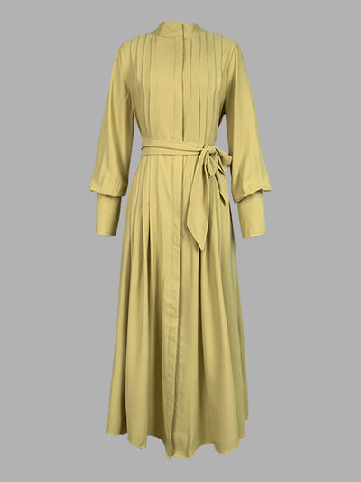 A-Line Long Sleeves Buttoned Pleated Pockets Solid Color Tied Waist V-Neck Maxi Dresses