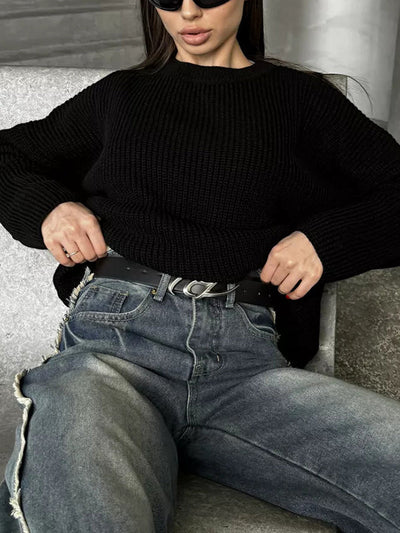 Long Sleeves Loose Solid Color Split-Joint Round-Neck Sweater Tops