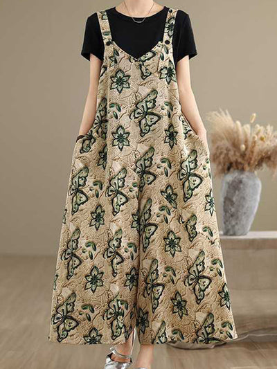 Loose Wide Leg Butterfly Print Buttoned Contrast Color Pockets Split-Joint Adjustable Straps Overalls