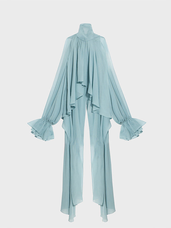 High-Low Long Sleeves Elasticity Hollow Pleated Solid Color Mock Neck Blouses&Shirts Tops