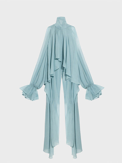 High-Low Long Sleeves Elasticity Hollow Pleated Solid Color Mock Neck Blouses&Shirts Tops