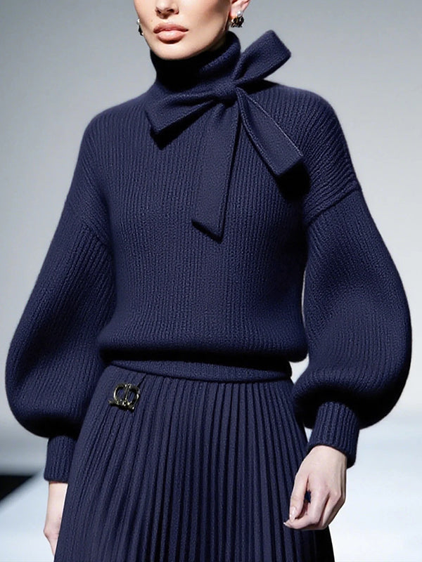 Loose Puff Sleeves Bowknot Solid Color Split-Joint High Neck Sweater Tops