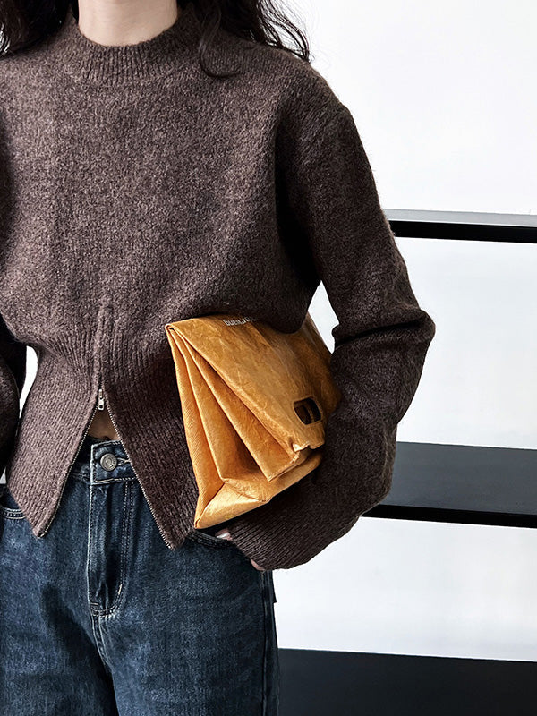 Long Sleeves Loose Solid Color Zipper Mock Neck Pullovers Sweater Tops