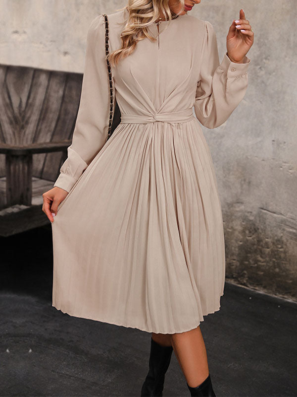Long Sleeves Loose Pleated Solid Color Split-Joint Tied Waist Round-Neck Midi Dresses