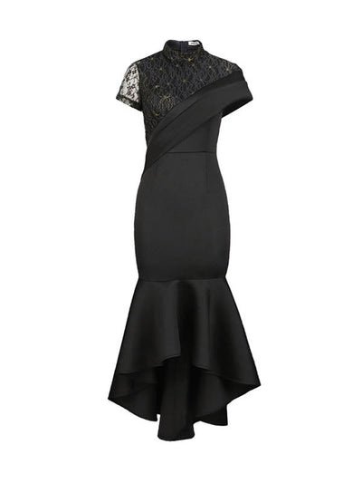 Bodycon High Waisted Ruffle Trim Solid Color Split-Joint Round-Neck Midi Dresses