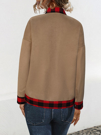 Long Sleeves Loose Buttoned Plaid Pockets Split-Joint Lapel Woolen Coat