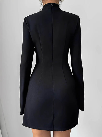 A-Line Flared Sleeves Contrast Color Pockets Split-Joint Zipper Mock Neck Mini Dresses