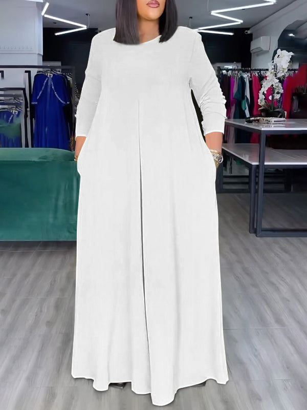 Loose Wide Leg Pockets Solid Color Round-Neck Jumpsuits