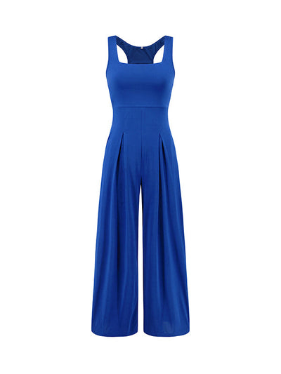 Loose Sleeveless Pleated Solid Color Spaghetti-Neck Jumpsuits