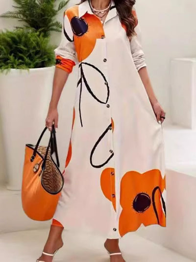 Long Sleeves Loose Floral Printed Split-Joint Lapel Maxi Dresses Shirt Dress