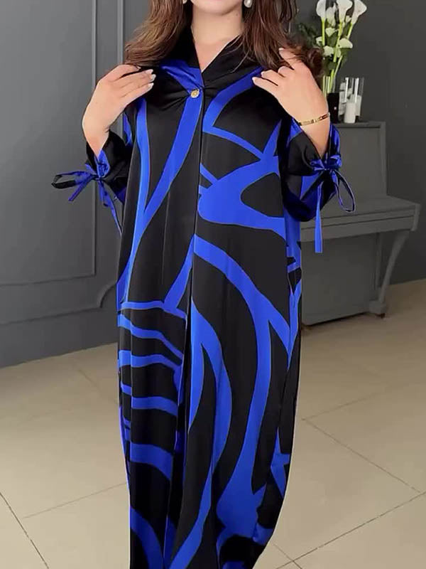 A-Line Long Sleeves Contrast Color V-Neck Maxi Dresses Shirt Dress