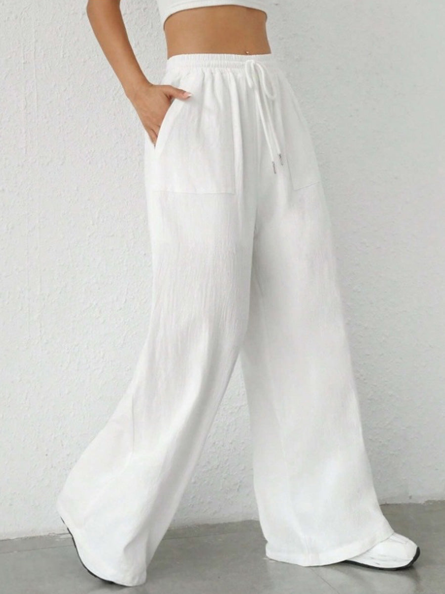 High Waisted Wide Leg Elasticity Pleated Pockets Solid Color Tied Waist Pants Trousers