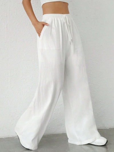 High Waisted Wide Leg Elasticity Pleated Pockets Solid Color Tied Waist Pants Trousers