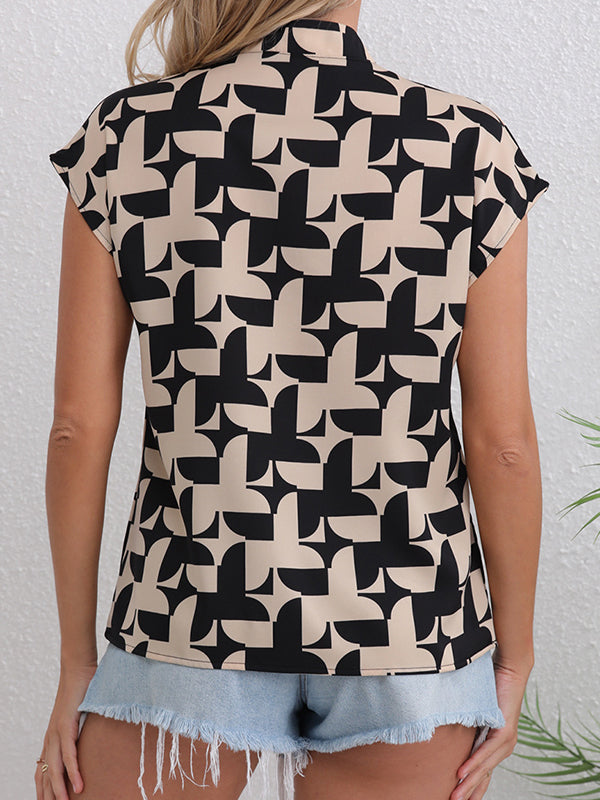 Loose Short Sleeves Contrast Color Print V-Neck Blouses&Shirts Tops