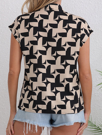 Loose Short Sleeves Contrast Color Print V-Neck Blouses&Shirts Tops