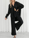 Flared Sleeves Long Sleeves Buttoned Drawstring Pleated Solid Color Split-Side Lapel Shirts Top + Pants Bottom Pajama Sets