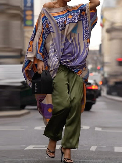 Batwing Sleeves Half Sleeves Contrast Color Printed One-shoulder Blouses&shirts Tops