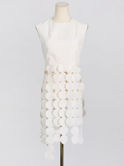 Sleeveless Polka-Dot Solid Color Split-Joint Tasseled Round-Neck Vest Top