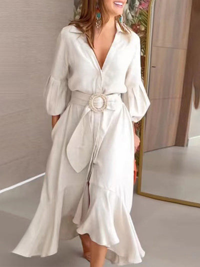 High-Low Puff Sleeves Pleated Solid Color Lapel Collar Maxi Dresses