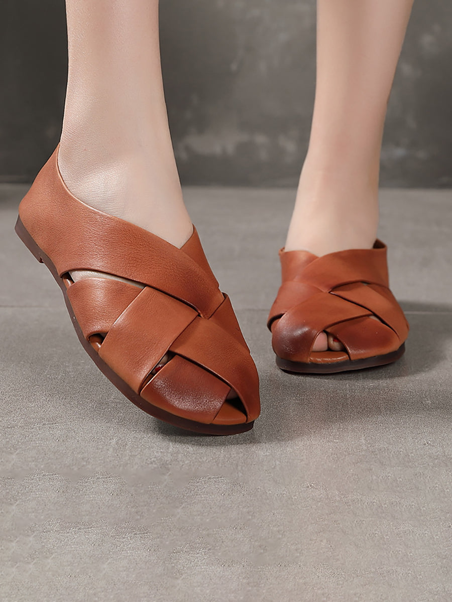 Spring Summer Solid Color Leather Round Toe Flat Shoes