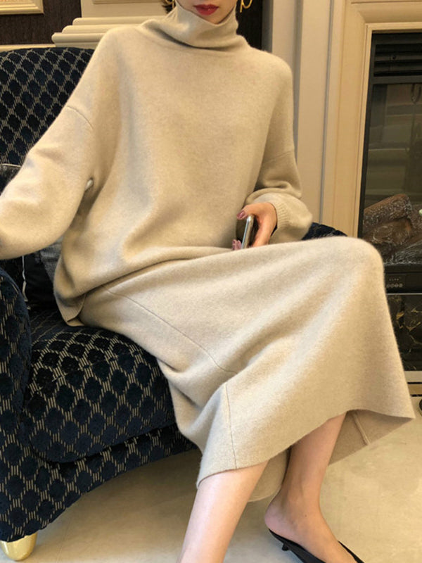 Urban Loose Solid Color High-Neck Sweater Tops & Skirts Bottoms Suits