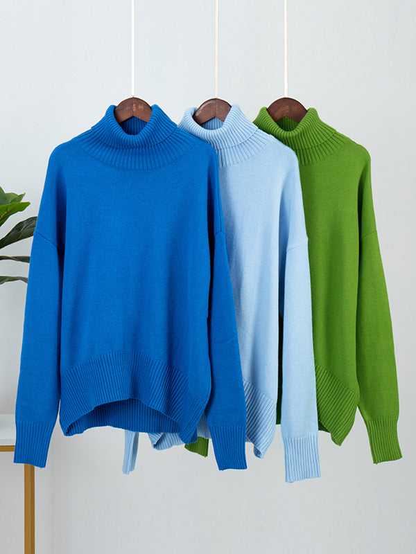 Long Sleeves Loose Solid Color High Neck Knitwear Pullovers Sweater Sweater Tops