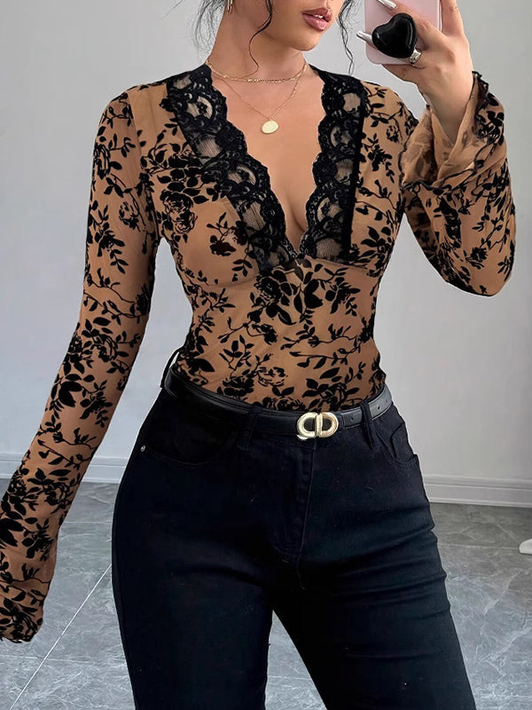 Flared Sleeves Long Sleeves Solid Color Deep V-Neck T-Shirts