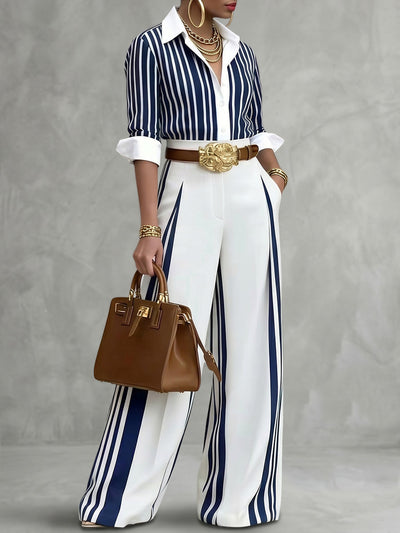 Long Sleeves Buttoned Contrast Color Striped Lapel Blouses&Shirts Tops