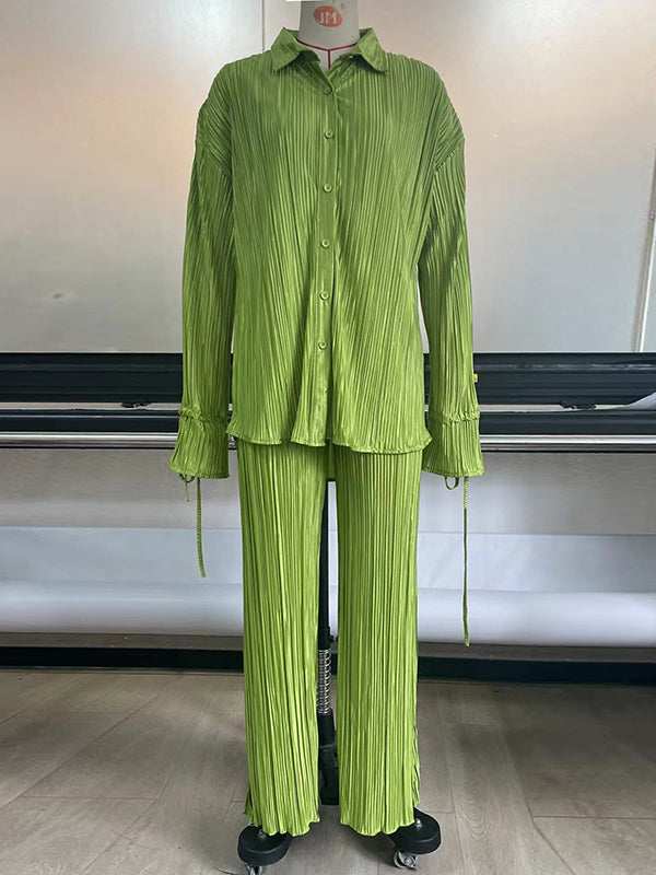 Flared Sleeves Long Sleeves Buttoned Drawstring Pleated Solid Color Split-Side Lapel Shirts Top + Pants Bottom Pajama Sets